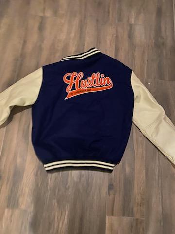 Navy & Orange w/ White Leather Sleeves Varsity Jacket