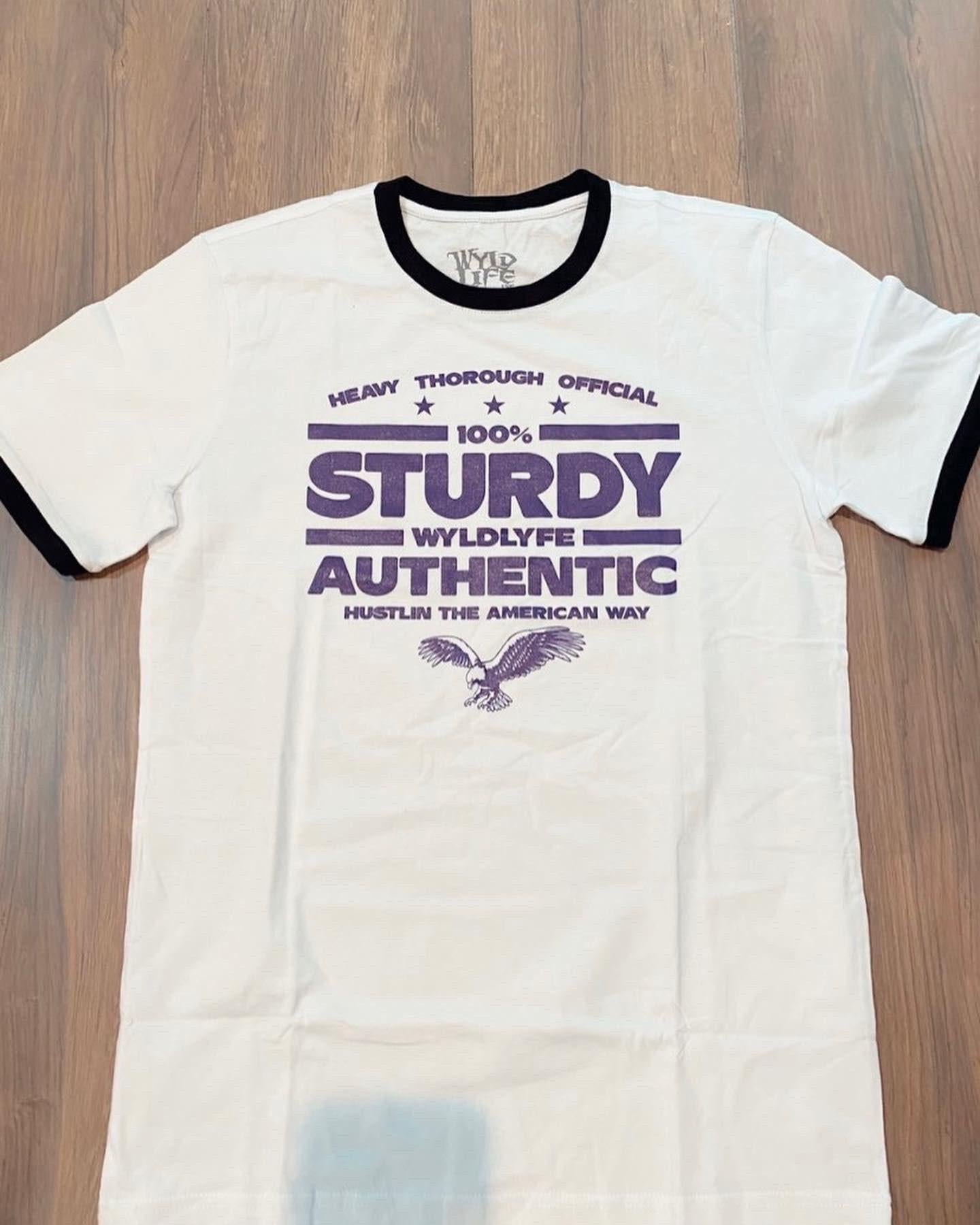 White shirt with Purple Sturdy Short Sleeve T-Shirt